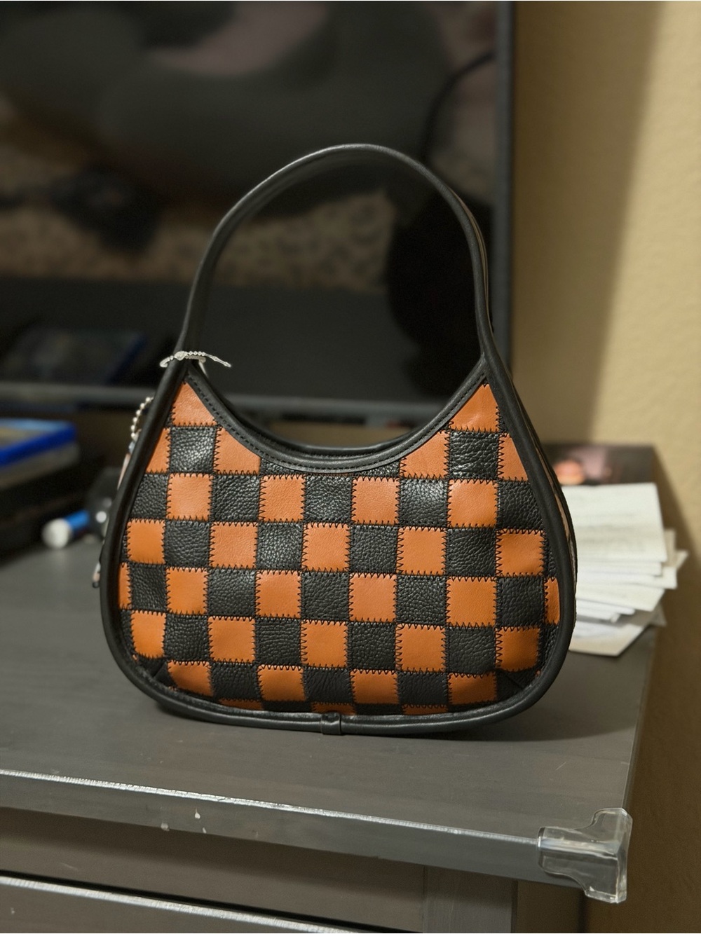 Coach Checkerboard Shoulder Bag in Black and Brown